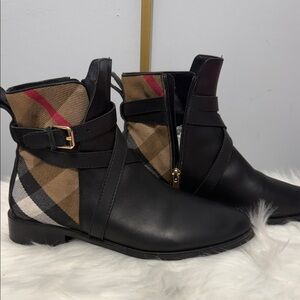 Burberry Black Leather Ankle Boots with Check Pattern